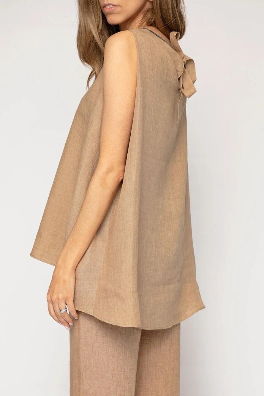 FABIANA FILIPPI Linen Tunic Top Fieno Brown Tie Up Back Sleeveless Women's 12/XL